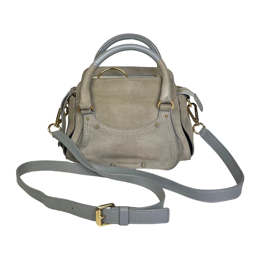 See by Chloé Miya Mini Satchel Crossbody Gray Leather Suede Gold Ring Bag